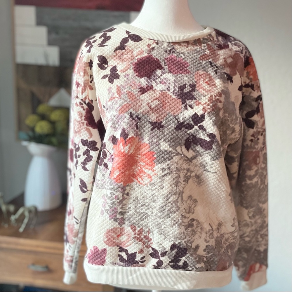 H&M Cream Floral Quilted Sweatshirt with Pink and Purple Accents